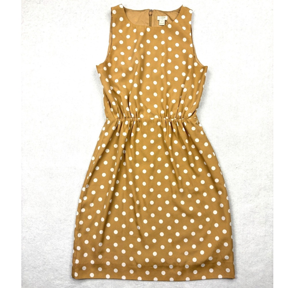 J.Crew Polka Dot Sleeveless Dress Womens 0 Tan Brown Elastic Waist Lined Summer